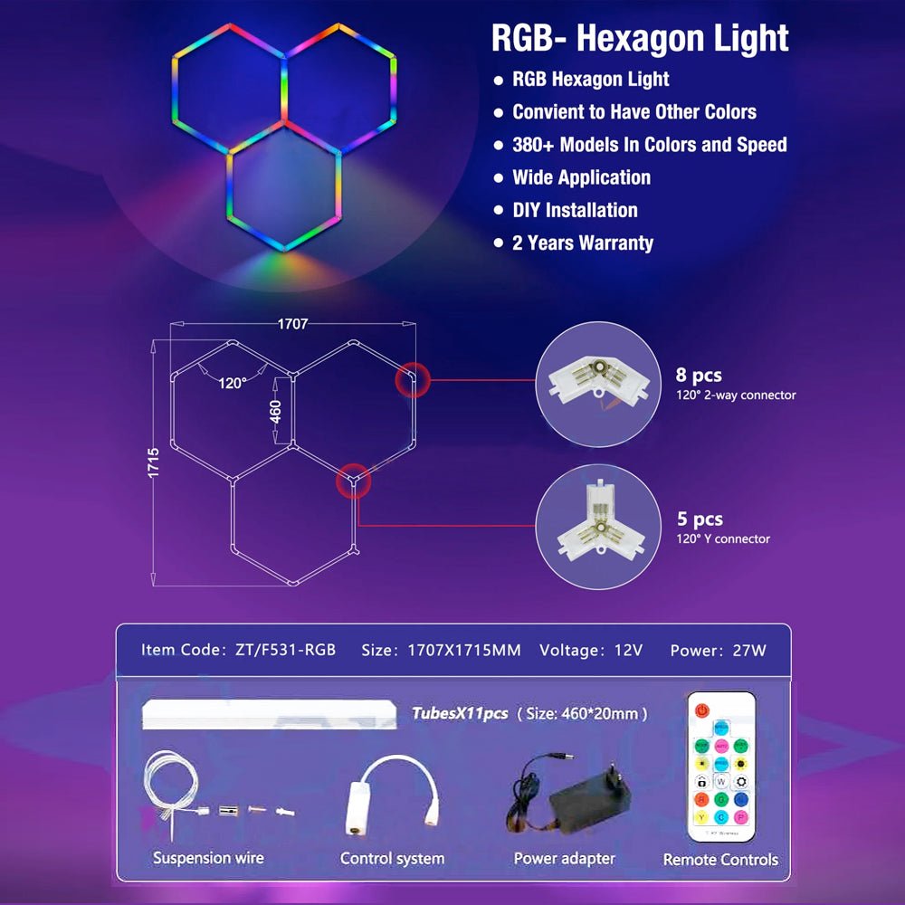 Hexglo 3 Piece RGB Hexagon Modular LED Lighting Kit